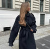 Women's Longline Belted Double-Breasted Trench Coat in Black