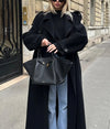 Women's Longline Belted Double-Breasted Trench Coat in Black