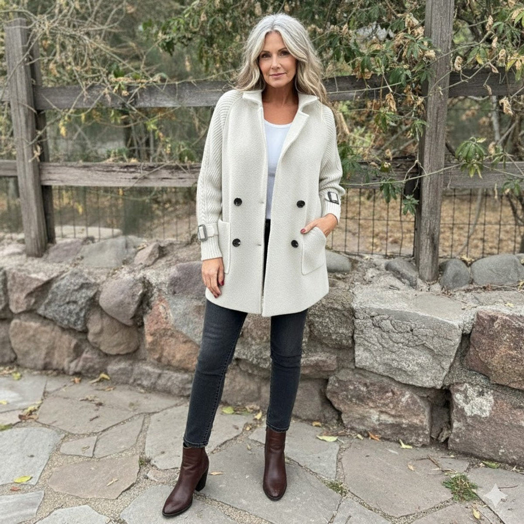 Women's Double-Breasted Coat with Cable-Knit Sleeves