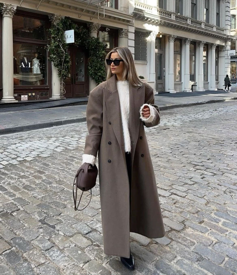 Women's Double-Breasted Maxi Coat with Notched Lapel