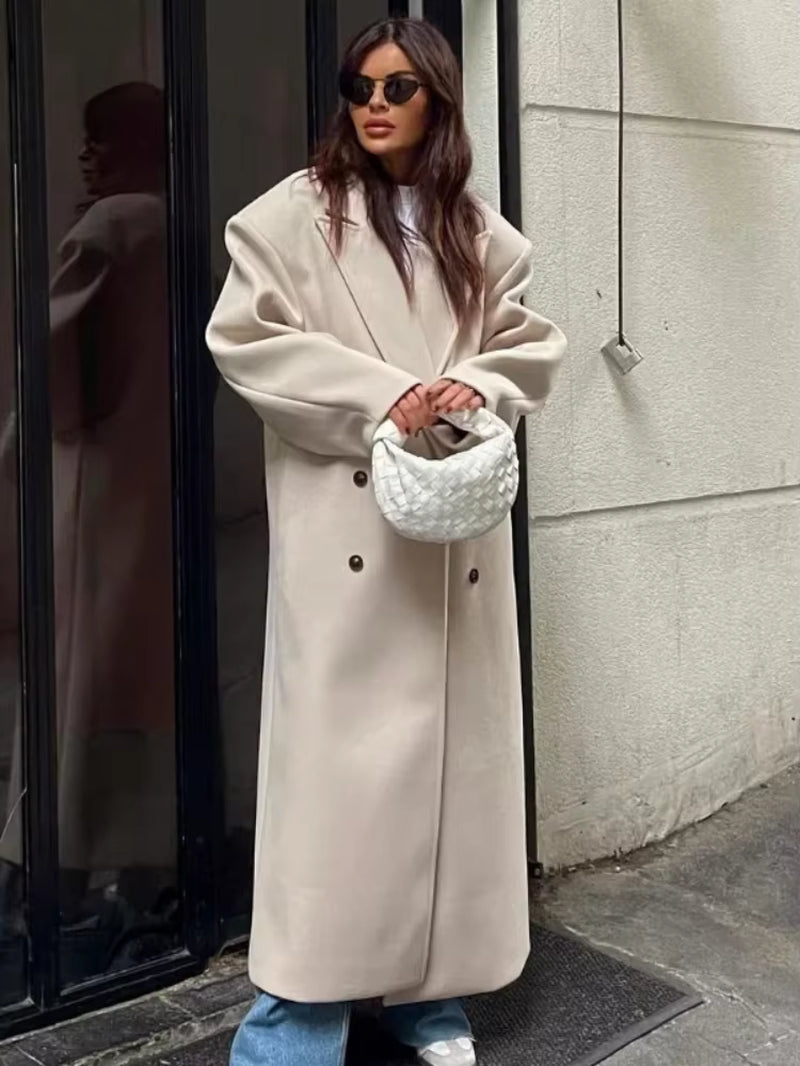 Women's Double-Breasted Maxi Coat with Notched Lapel