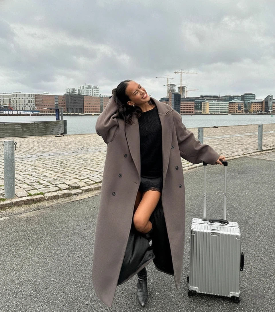 Women's Double-Breasted Maxi Coat with Notched Lapel