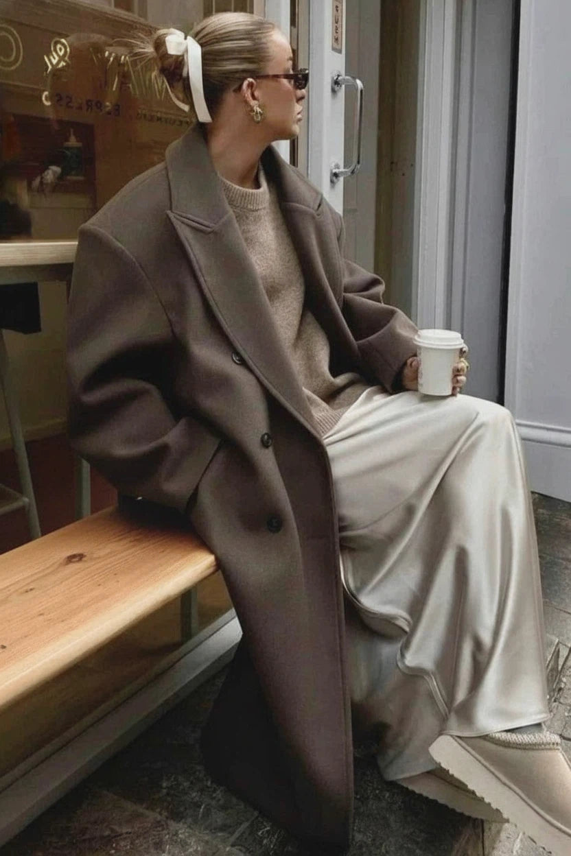 Women's Double-Breasted Maxi Coat with Notched Lapel