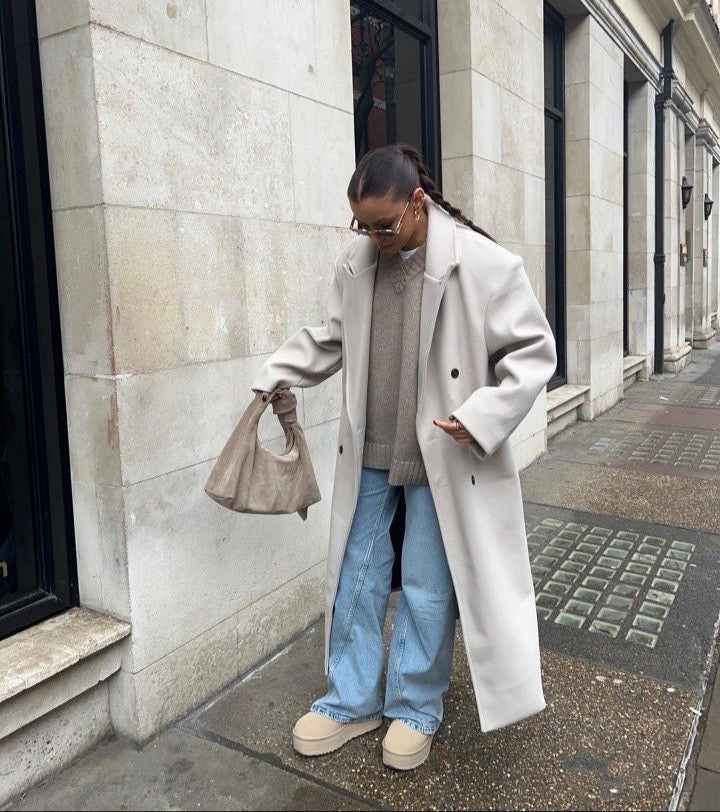 Women's Double-Breasted Maxi Coat with Notched Lapel