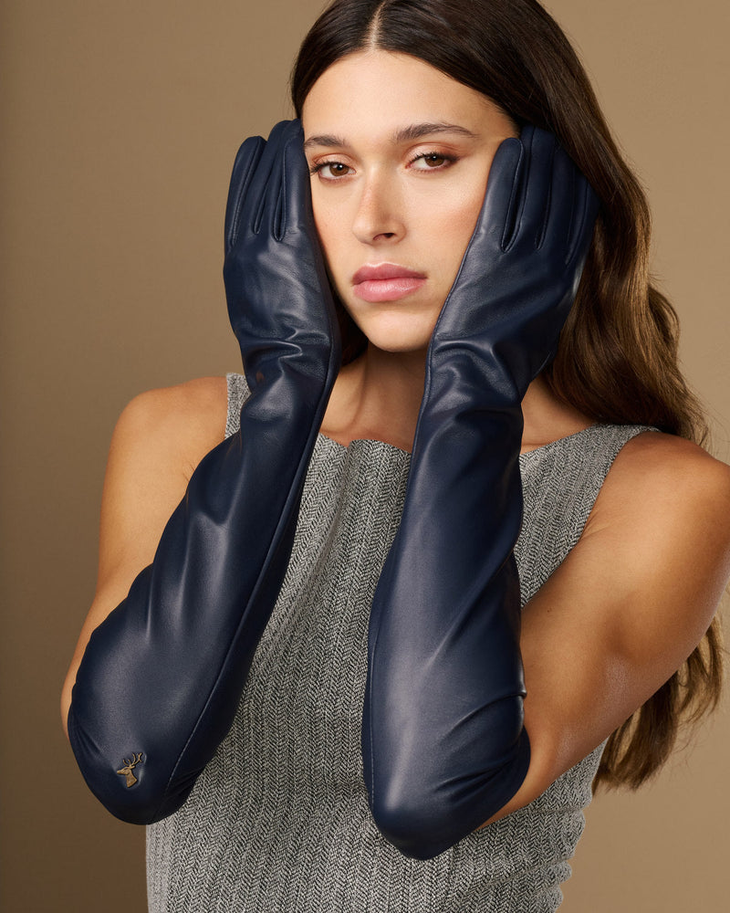 Women's Elbow-Length Faux Leather Evening Gloves in Navy
