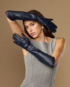 Women's Elbow-Length Faux Leather Evening Gloves in Navy
