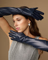 Women's Elbow-Length Faux Leather Evening Gloves in Navy