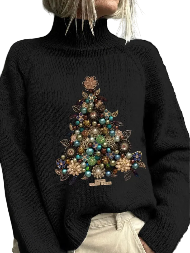 Women's Christmas Jumper Jewelled Tree High Neck in Black