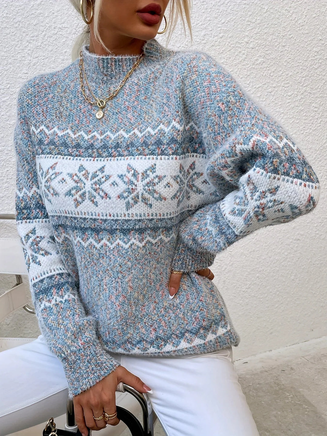 Women's Christmas Jumper Fair Isle Snowflake Mock Neck