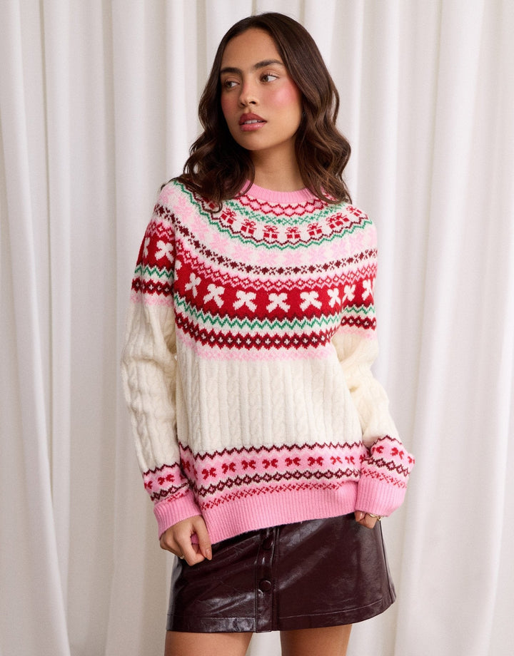 Women's Christmas Jumper Fair Isle Bow Cable Knit in Pink
