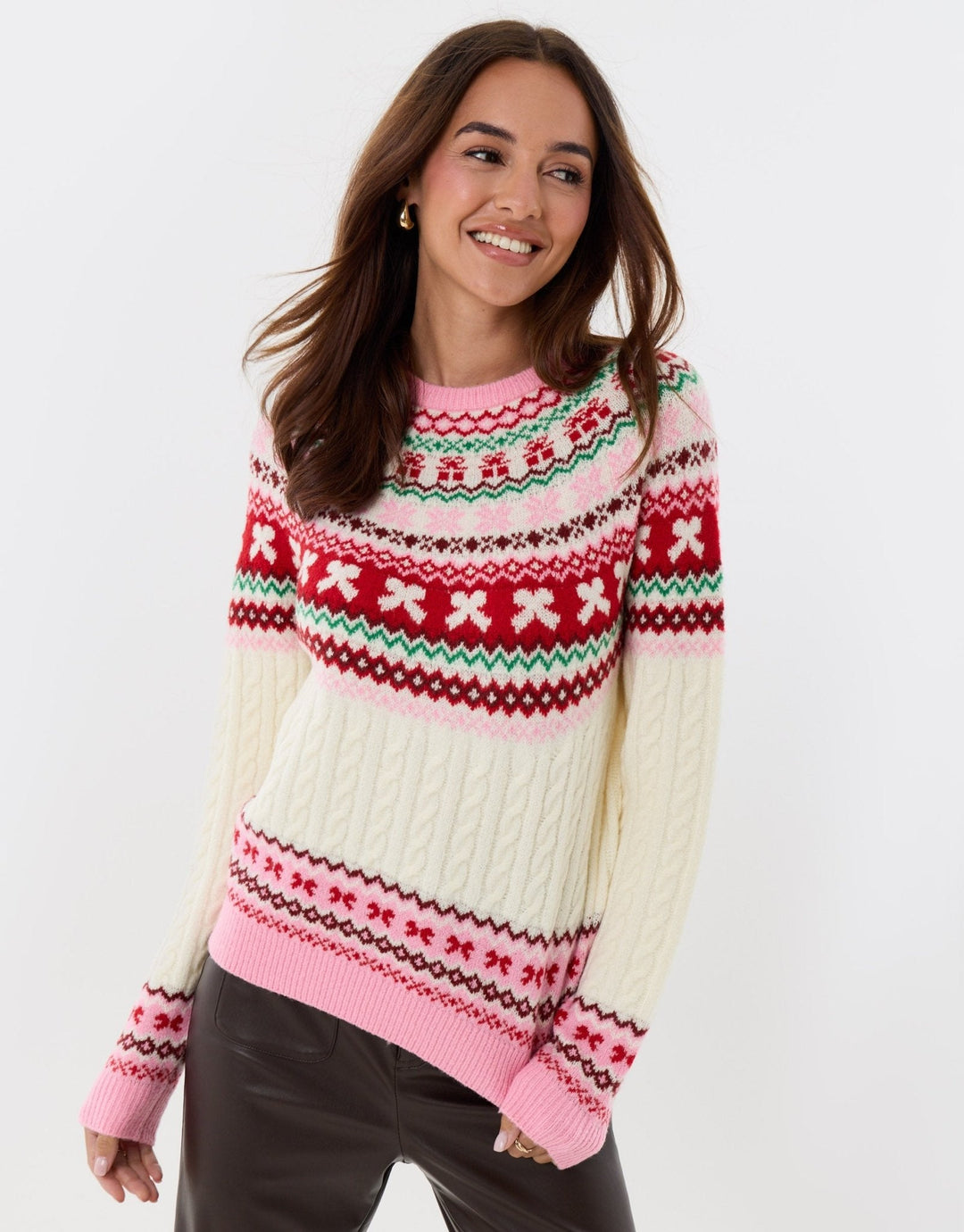 Women's Christmas Jumper Fair Isle Bow Cable Knit in Pink