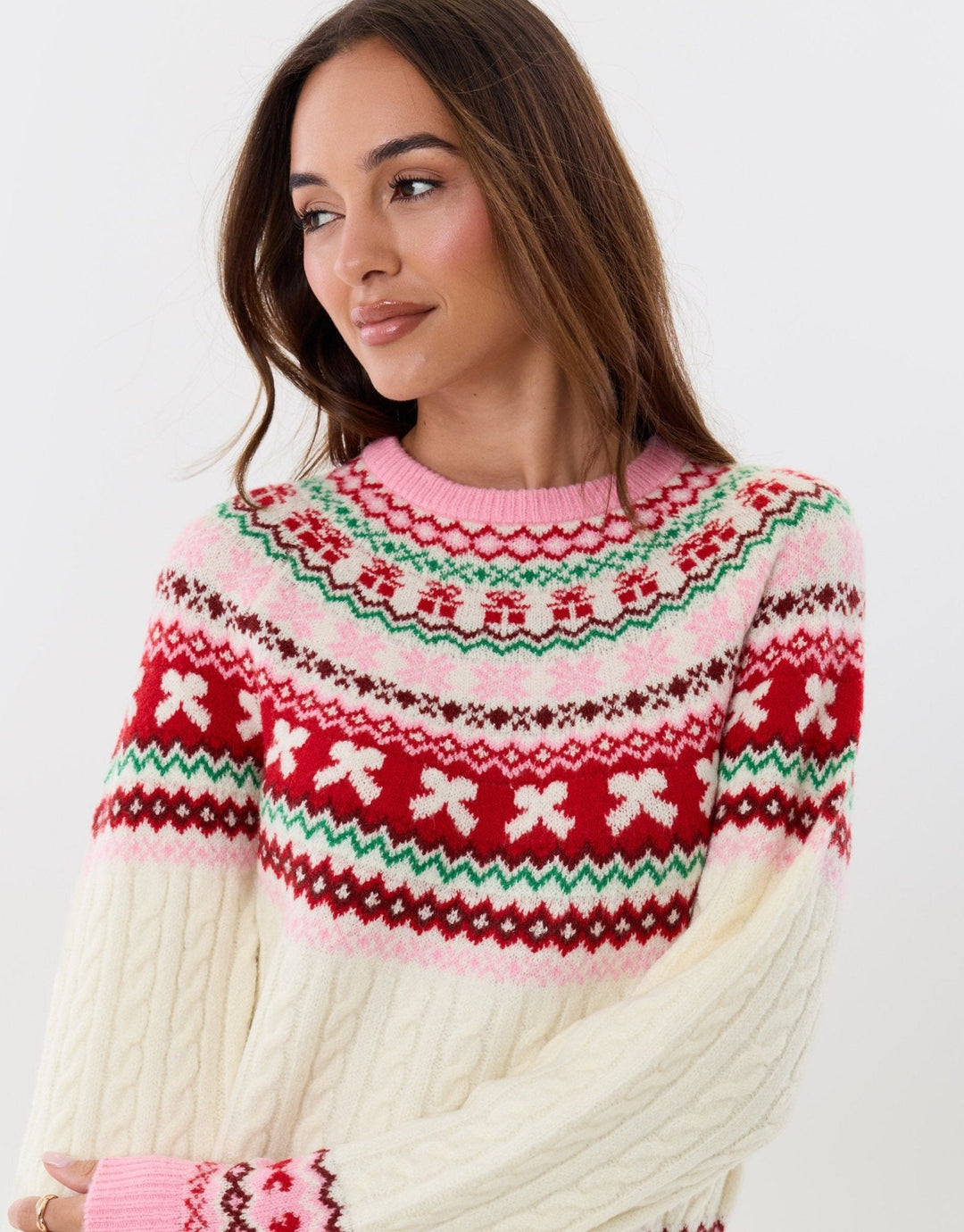 Women's Christmas Jumper Fair Isle Bow Cable Knit in Pink