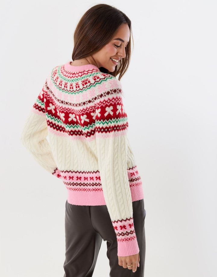 Women's Christmas Jumper Fair Isle Bow Cable Knit in Pink
