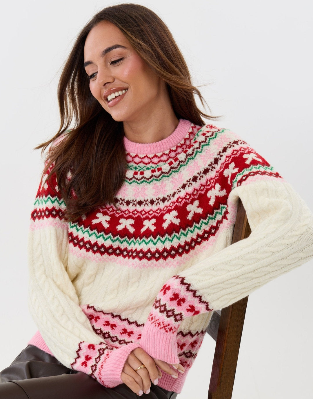 Women's Christmas Jumper Fair Isle Bow Cable Knit in Pink