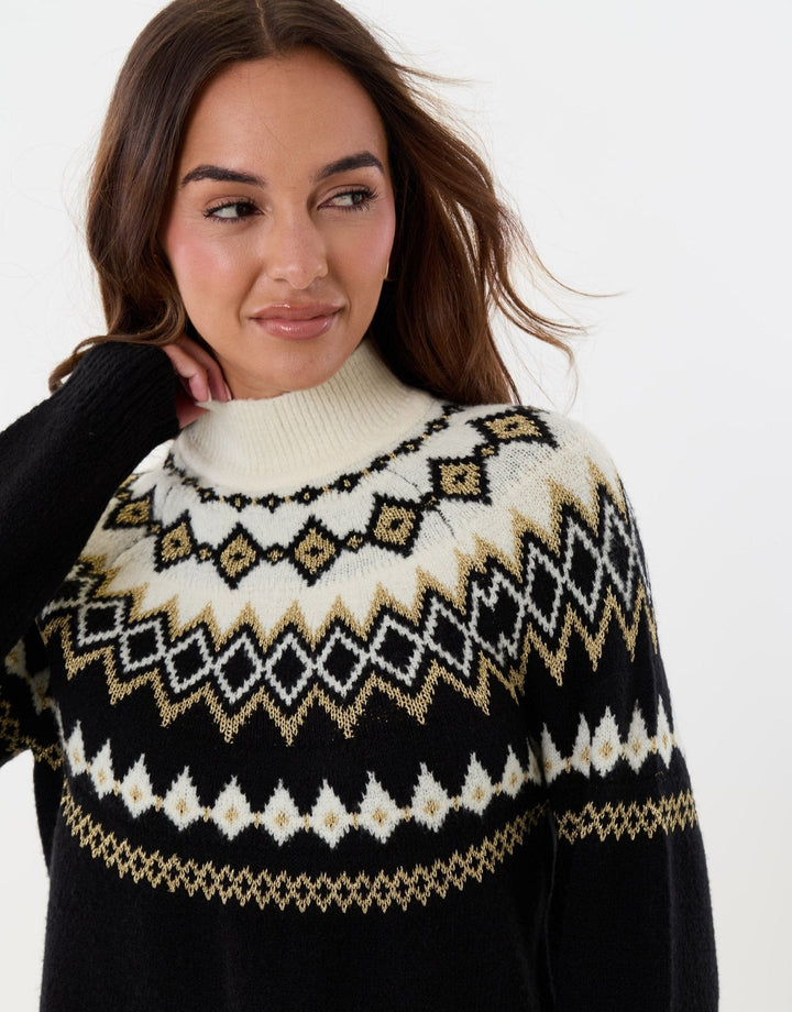 Women's Christmas Jumper Fair Isle High Neck in Black