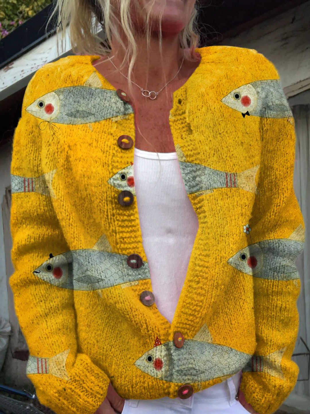 Women's Fish Print Button-Front Knit Cardigan