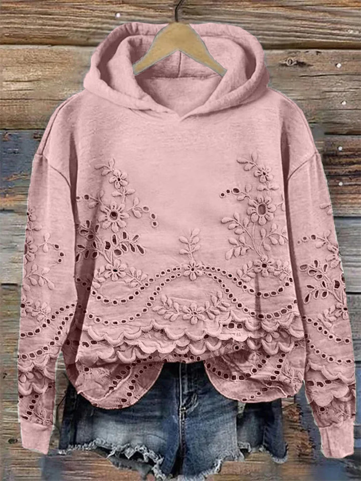 Women's Floral Eyelet Hoodie with Scalloped Hem