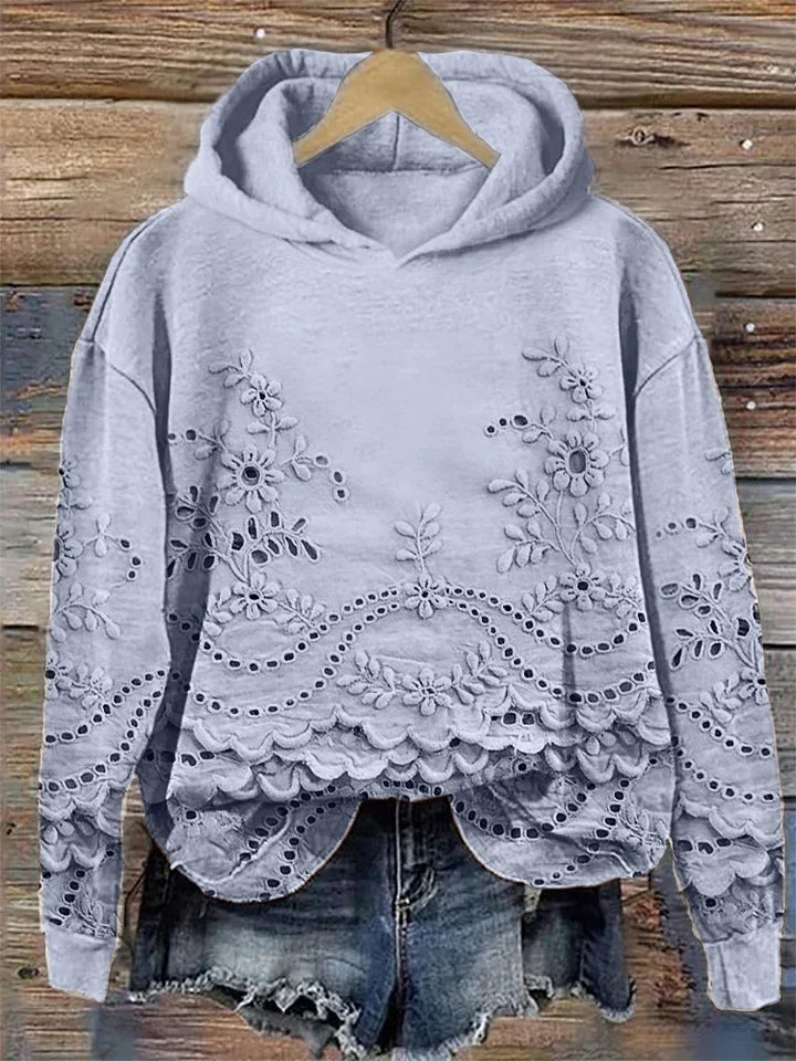 Women's Floral Eyelet Hoodie with Scalloped Hem