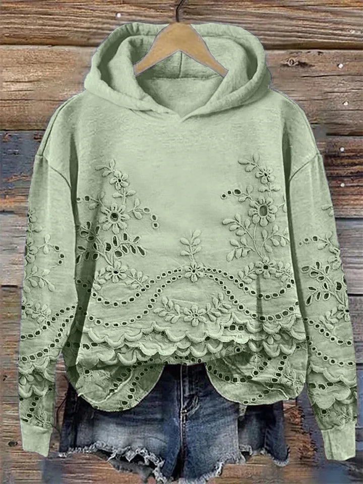 Women's Floral Eyelet Hoodie with Scalloped Hem
