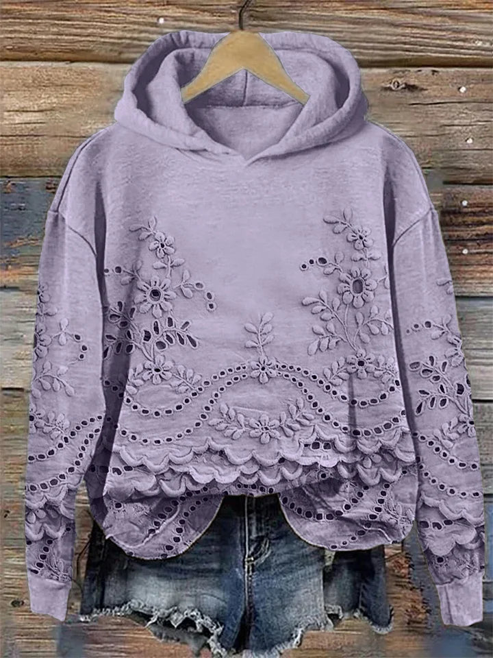Women's Floral Eyelet Hoodie with Scalloped Hem