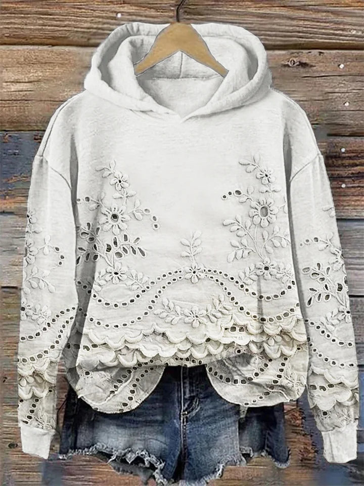 Women's Floral Eyelet Hoodie with Scalloped Hem