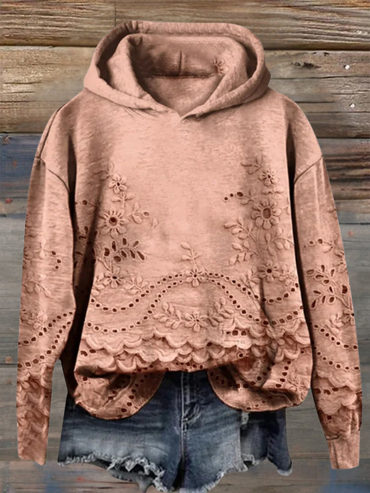 Women's Floral Eyelet Hoodie with Scalloped Hem