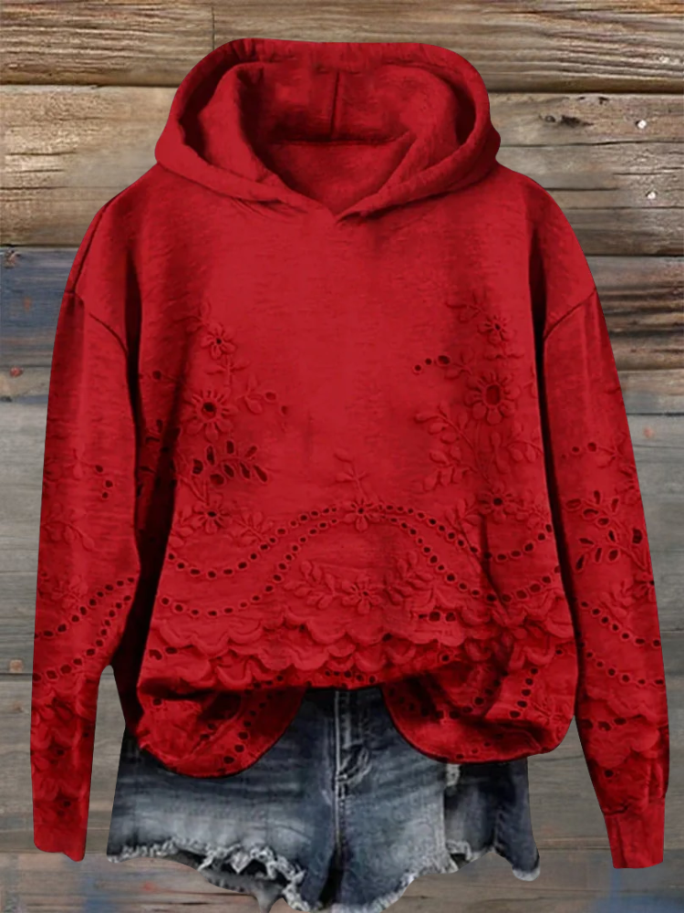 Women's Floral Eyelet Hoodie with Scalloped Hem