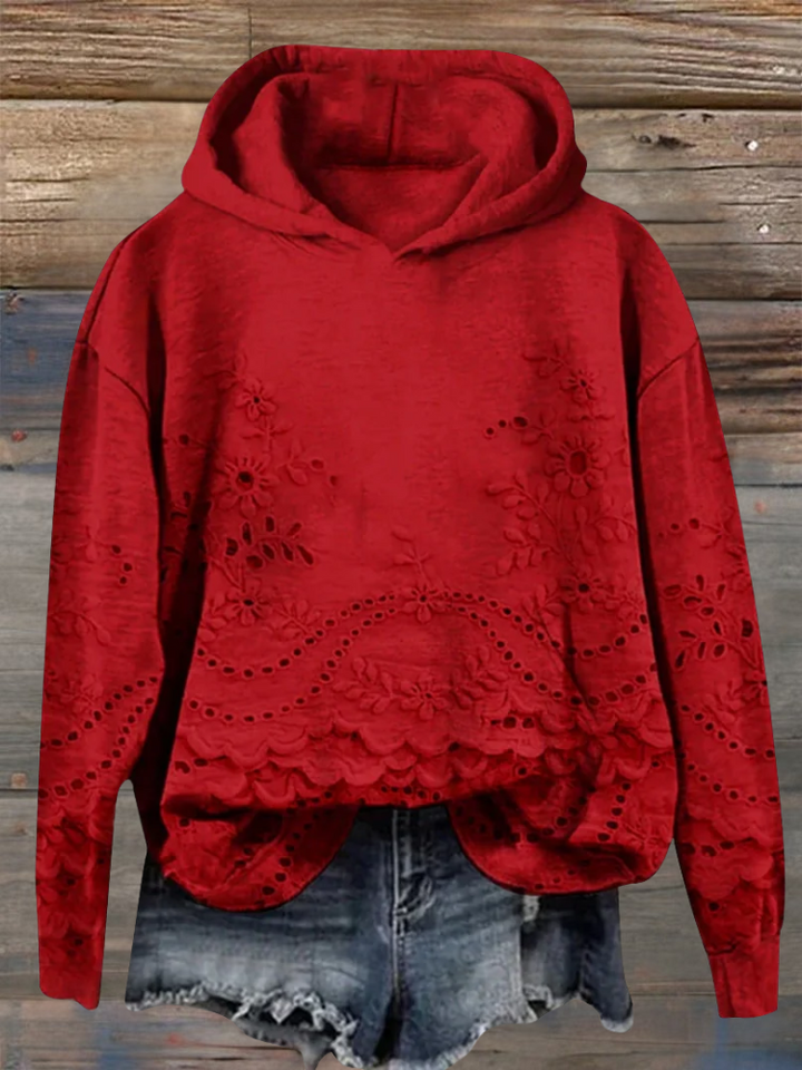 Women's Floral Eyelet Hoodie with Scalloped Hem