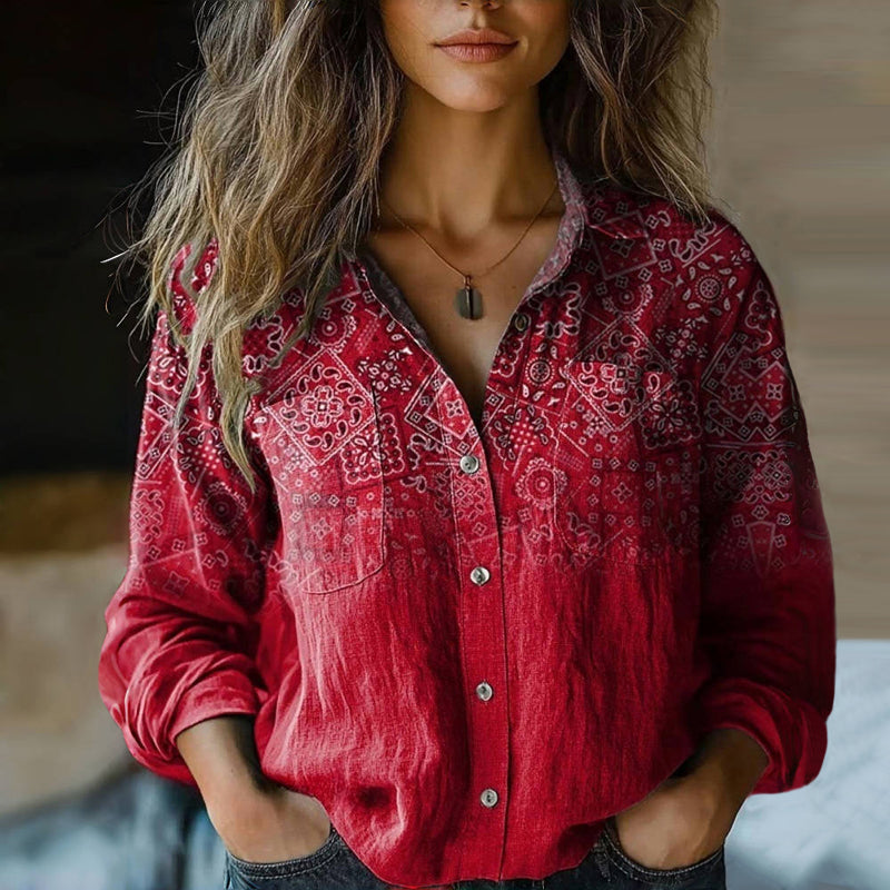 Women's Floral Print Long-Sleeve Collared Blouse