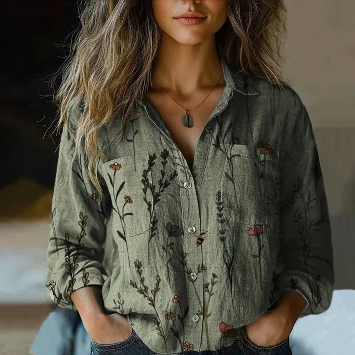 Women's Floral Print Long-Sleeve Collared Blouse