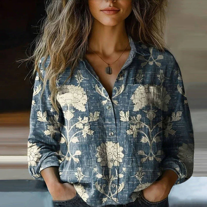 Women's Floral Print Long-Sleeve Collared Blouse