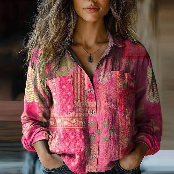 Women's Floral Print Long-Sleeve Collared Blouse