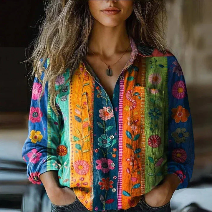 Women's Floral Print Long-Sleeve Collared Blouse