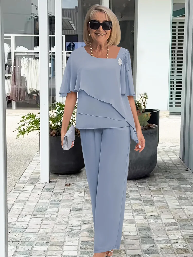 Women's Flutter-Sleeve Tiered Top and Straight-Leg Trouser Set