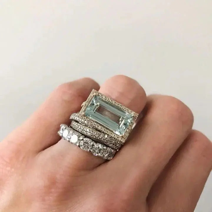 Women's Stackable Ring Set with Emerald Cut Turquoise Stone