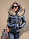 Women's Glossy Puffer Coat with Faux Fur Trim Hood