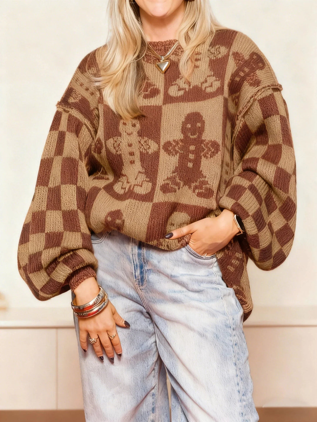 Women's Christmas Jumper Gingerbread Checkerboard Balloon Sleeve