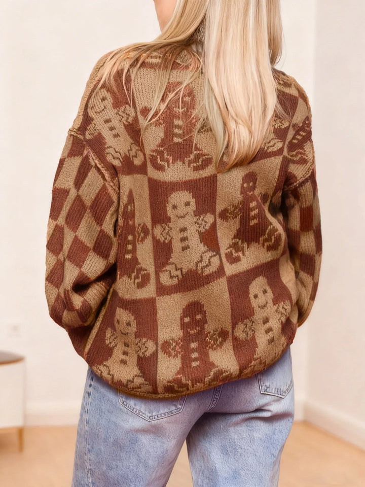 Women's Christmas Jumper Gingerbread Checkerboard Balloon Sleeve