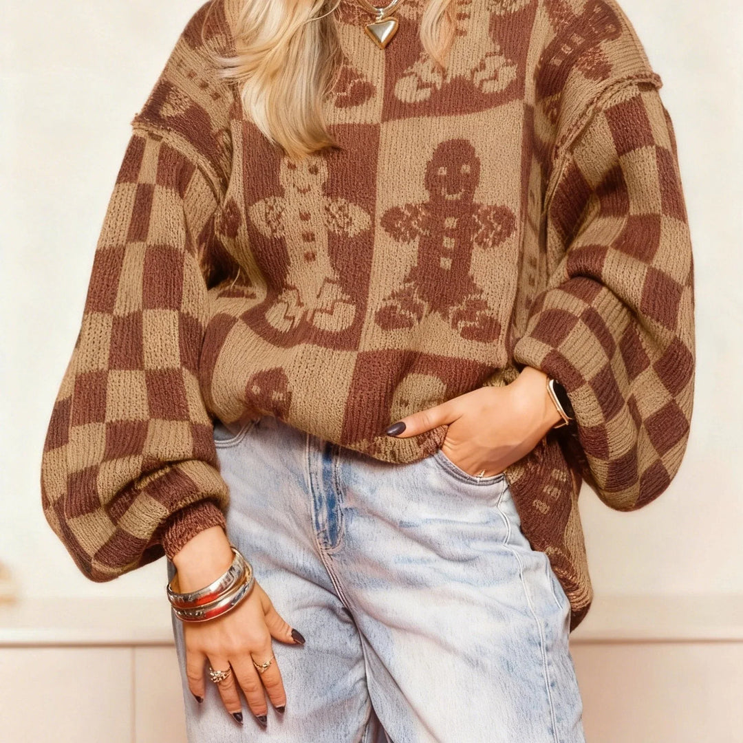 Women's Christmas Jumper Gingerbread Checkerboard Balloon Sleeve
