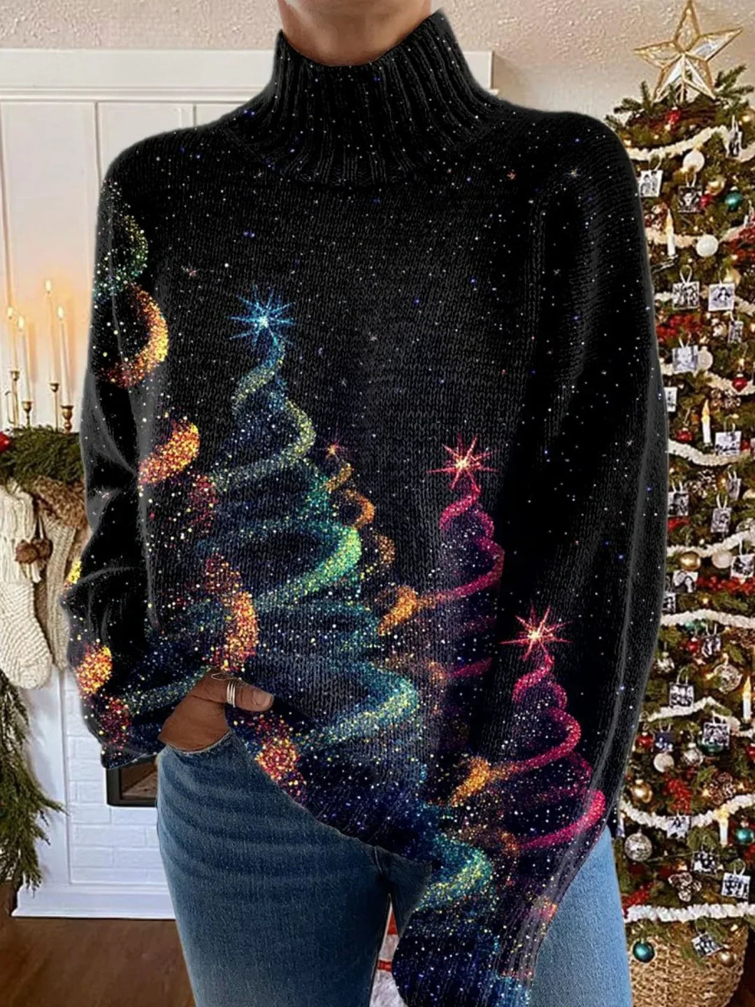 Women's Christmas Jumper Glitter Tree Roll Neck