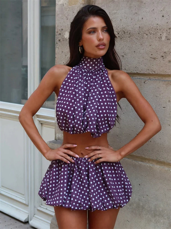Women's Halter Crop Top and Pleated Mini Skirt Set