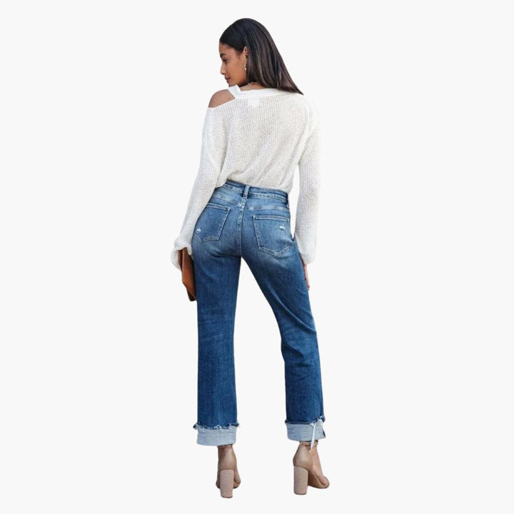 Women's High-Rise Straight-Leg Jeans with Cuffed Hems