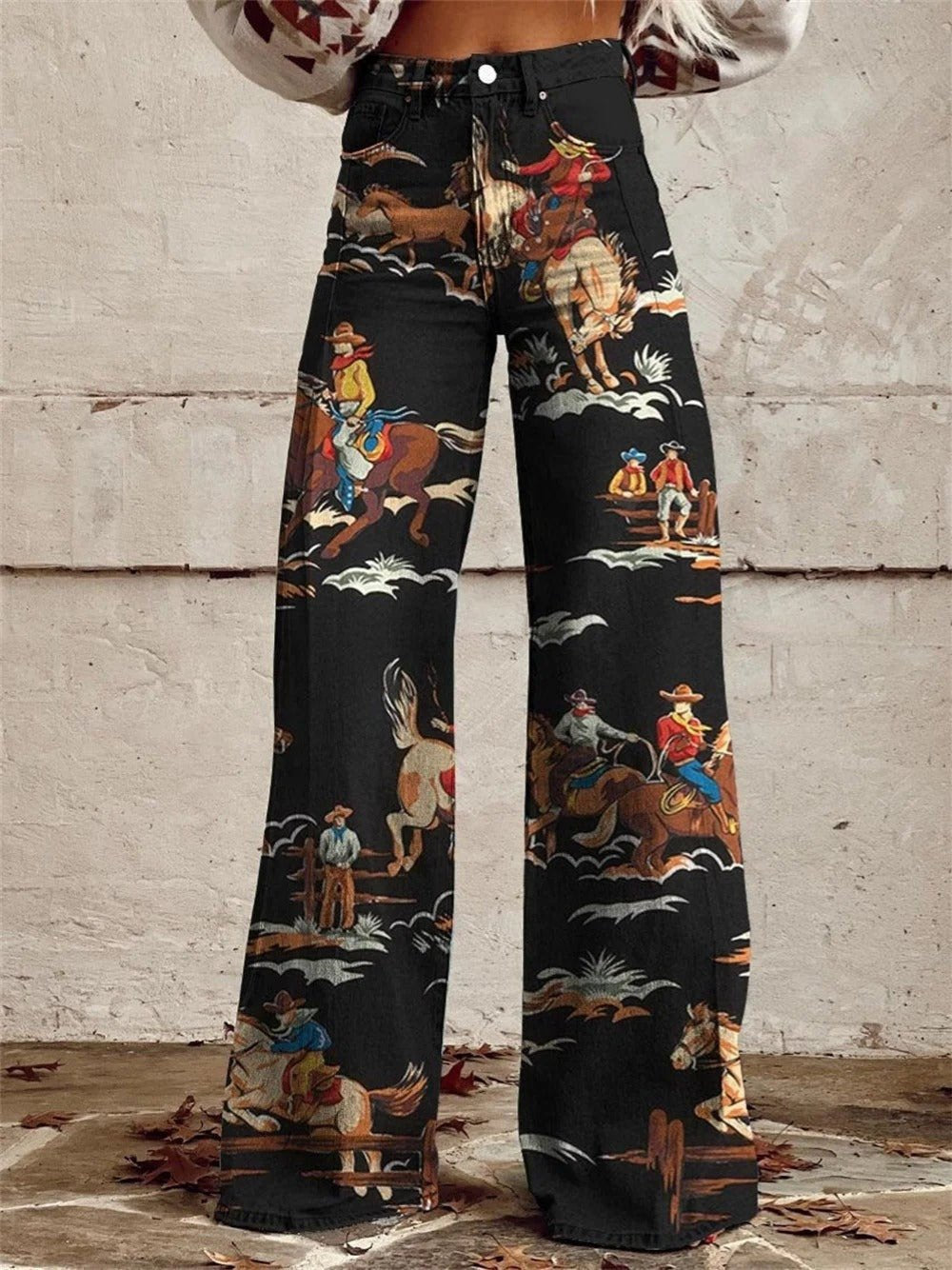 Women's High-Waist Wide-Leg Western Print Trousers