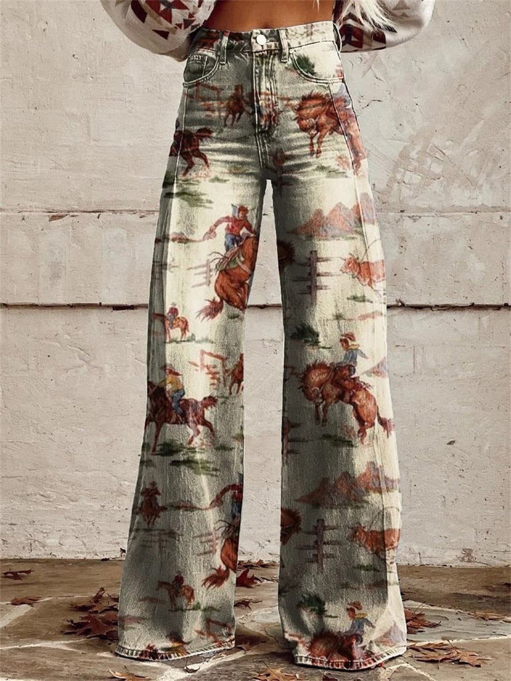 Women's High-Waist Wide-Leg Western Print Trousers
