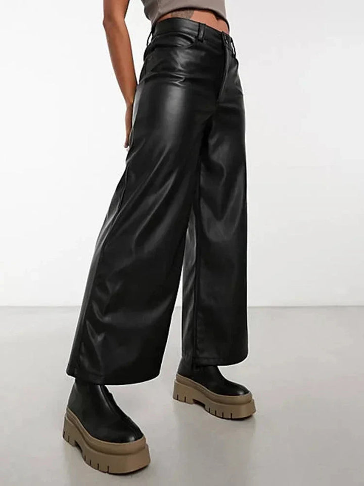 Women's High-Waisted Wide-Leg Faux Leather Trousers