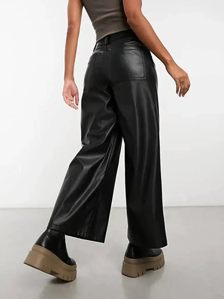 Women's High-Waisted Wide-Leg Faux Leather Trousers