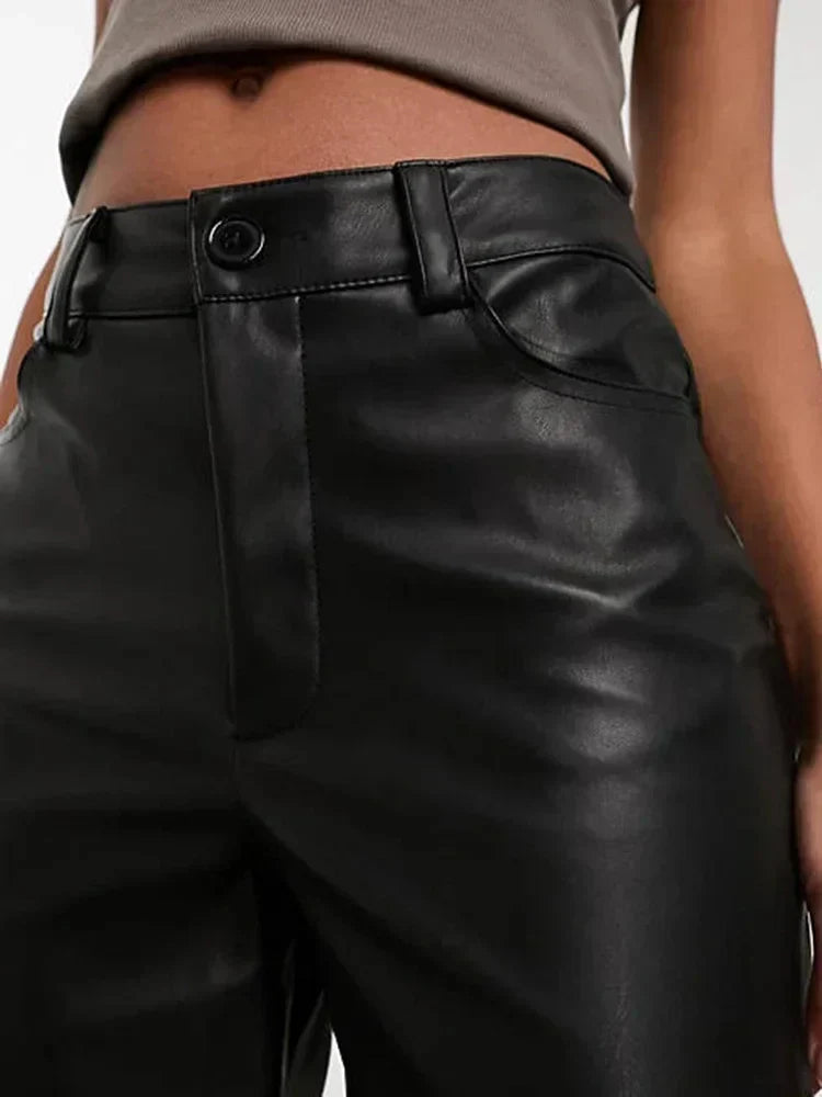 Women's High-Waisted Wide-Leg Faux Leather Trousers