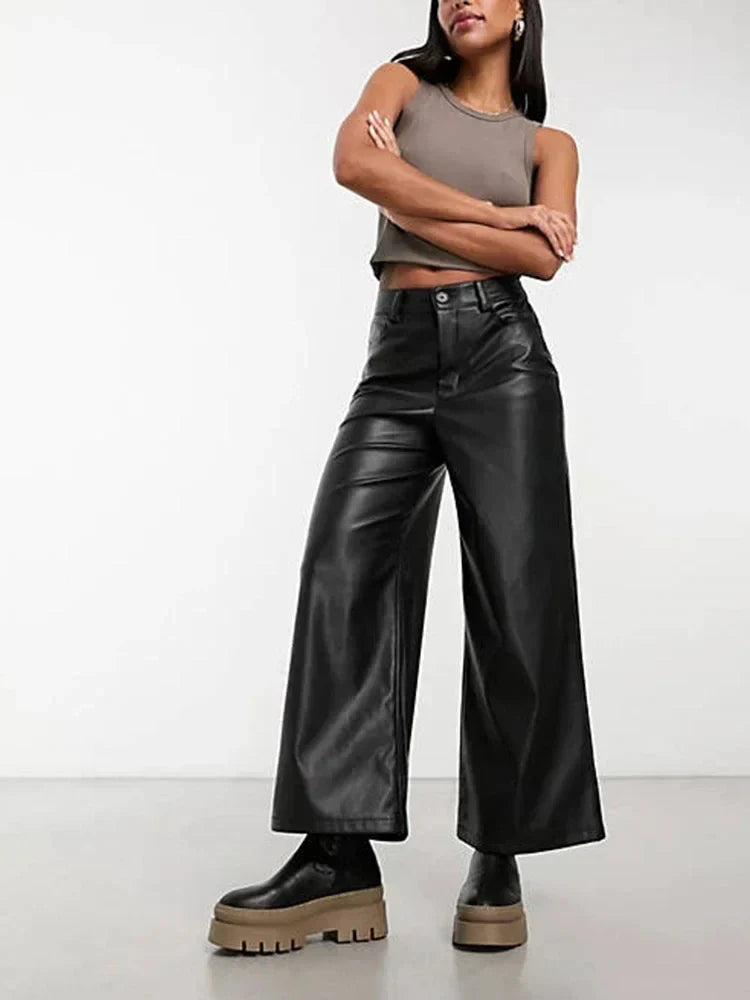 Women's High-Waisted Wide-Leg Faux Leather Trousers