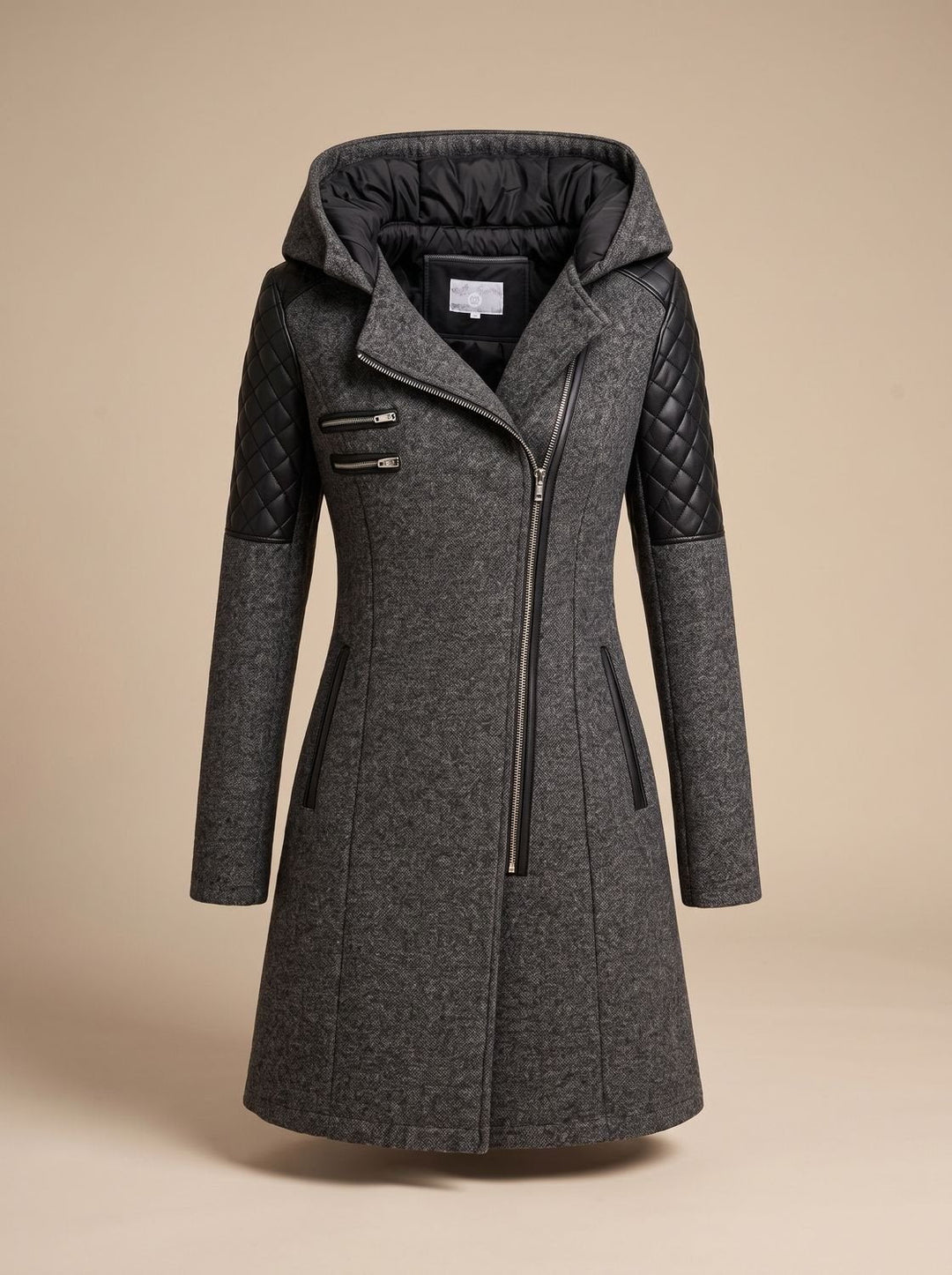 Women's Hooded Asymmetric-Zip Quilted-Panel Coat