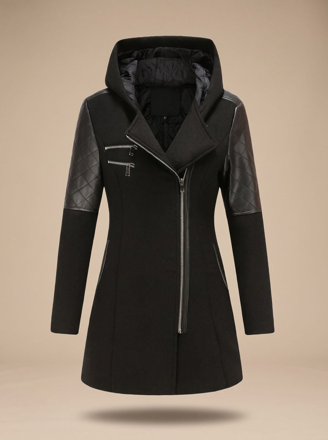 Women's Hooded Asymmetric-Zip Quilted-Panel Coat